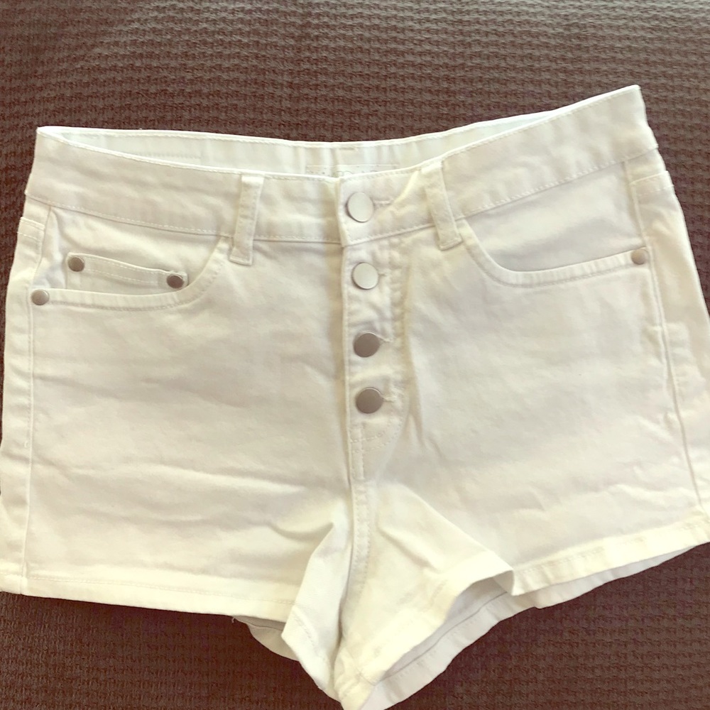 White jean button front high rise shorts